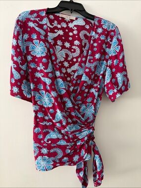 LOFT Burgundy Floral Paisley Wrap Top with Blue Accents